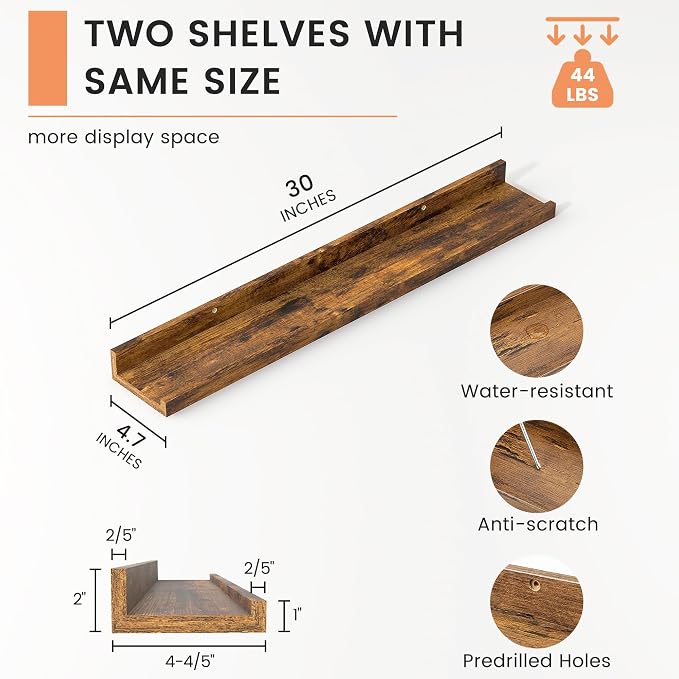 Picture Ledge Shelf, Floating Shelves for Wall, 30" W Set of 2, Brown | FSC Certified Engineered Wood, Wall Mounted Bookshelf, for Nursery Living Room Bedroom, Pre-Drilled, Easy Install