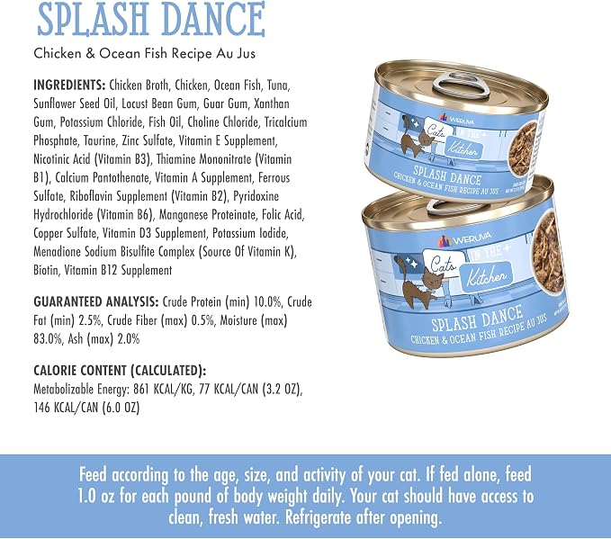 Weruva Cats in the Kitchen, Splash Dance with Chicken & Ocean Fish Au Jus Cat Food, 3.2oz Can (Pack of 24)