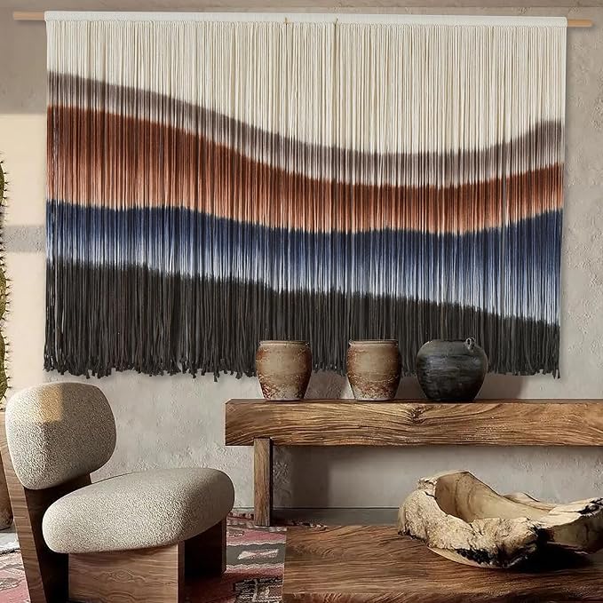 Macrame Wall Hanging Tie-Dye Bule Boho Wall Decor Yarn Fiber Art 57"W*35"L | Large Wall Hanging, Handmade Fiber Art, Dip Dyed Cotton, Boho Wall Decor, for Bedroom Decor Living Room Wall Accent