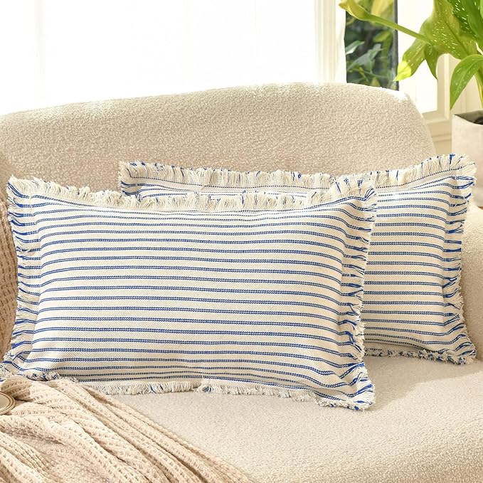 Throw Pillow Covers 12x20 Set of 2 Striped Pillow Covers with Fringe Chic Cotton Decorative Pillows Square Cushion Covers for Sofa Couch Bed Living Room Farmhouse Decor(Bright Blue)