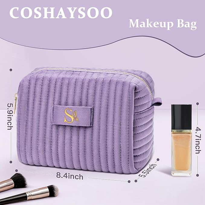 COSHAYSOO Personalized Birthday Gifts for 13 14 15 16 17 18 19 20 21 Year Old Teen Girls Purple Initial Makeup Bags Travel Cosmetic Pouch, Unique Christmas Galentines Valentines Gift Ideas Letter S