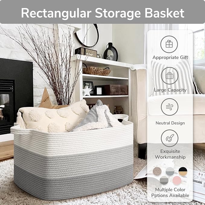 Goodpick Large Woven Rope Blanket Basket, Rectangle, Light Gray | 21.6'' x 14.9'' x 11.8'' Storage Basket for Blankets, Pillows & Toys, Living Room & Nursery Organization, Reinforced Handles