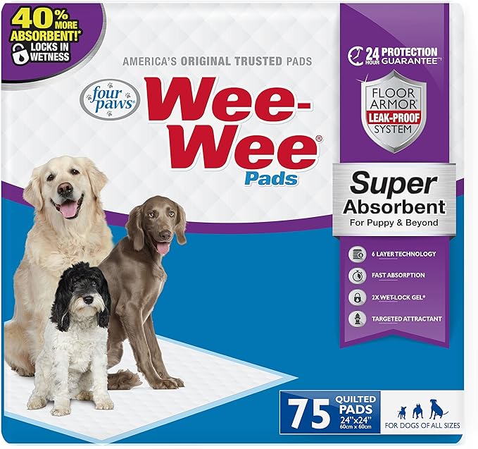 Four Paws Wee-Wee Super Absorbent Pads for Dogs, 75 Count | Leak-proof puppy pads, locks in wetness, dog housebreaking & potty training, all day floor protection, 24" x 24"