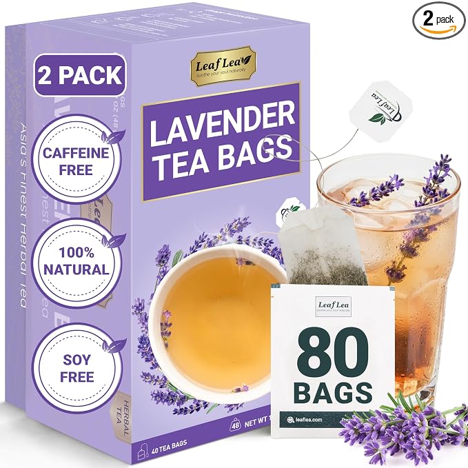 LeafLea Lavender Tea Bags, Calming Lavender Herbal Tea, 80 Count Pack of 2 | Soothing Pure Lavender, Nothing Added, Gentle Floral Taste, Caffeine-Free, Foil-Wrapped For Lasting Freshness