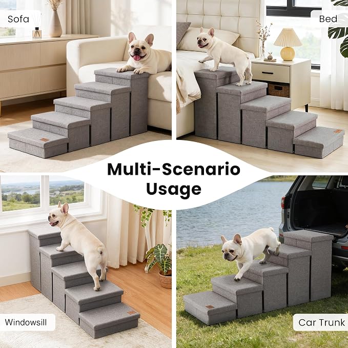Love's cabin Dog Stairs for High Bed, Foldable Pet Stairs for Small Medium or Large Dogs Puppy with Storage for Bed or Couch, Cat Dog Steps Ramp with Zip up to 200 lbs, Solid Grey, 5 Steps