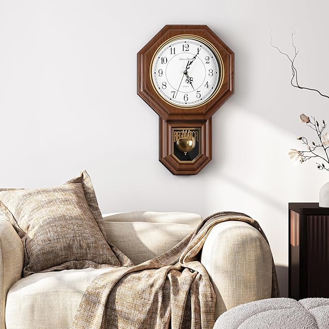 Pendulum Wall Clock,Imitation Wood Plastic Regulator Wall Clocks,Brown | Battery Operated,Non-Ticking,Retro Wall Decor Gift,Easy to Read,For Living Room,Dining Room,Schoolhouse,Farmhouse
