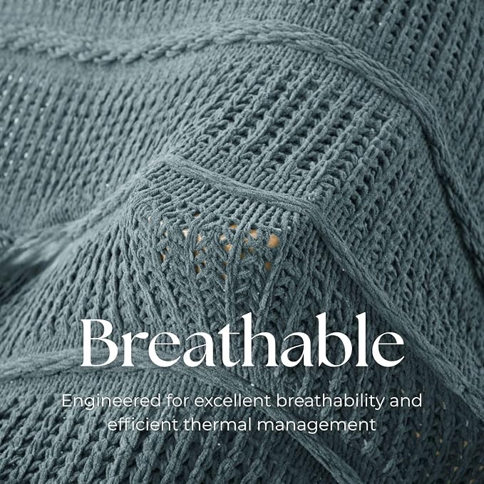 Boho Knitted Chenille Blanket with Tassels - Lightweight & Soft All-Season Throw - 3D Classic Pattern for Living Room Bedroom Couch, Celestial Blue, Throw 50"x60"