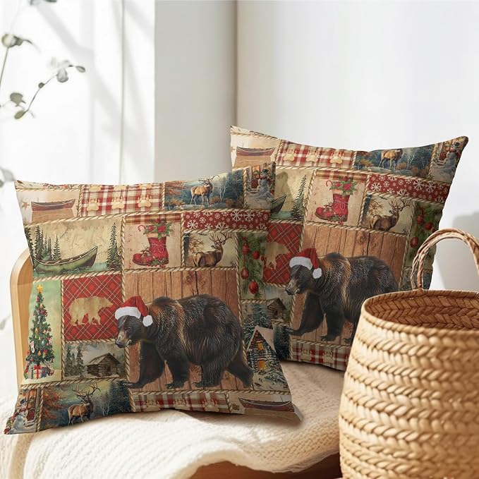 Kawani Christmas Cabin Bear Pillow Covers Cotton Linen Set of 2 Xmas Decor Brown Lodge Wildlife Buffalo Plaid Square Pillowcase for Living Room Bedroom Sofa Couch Home Decor 22in x 22in