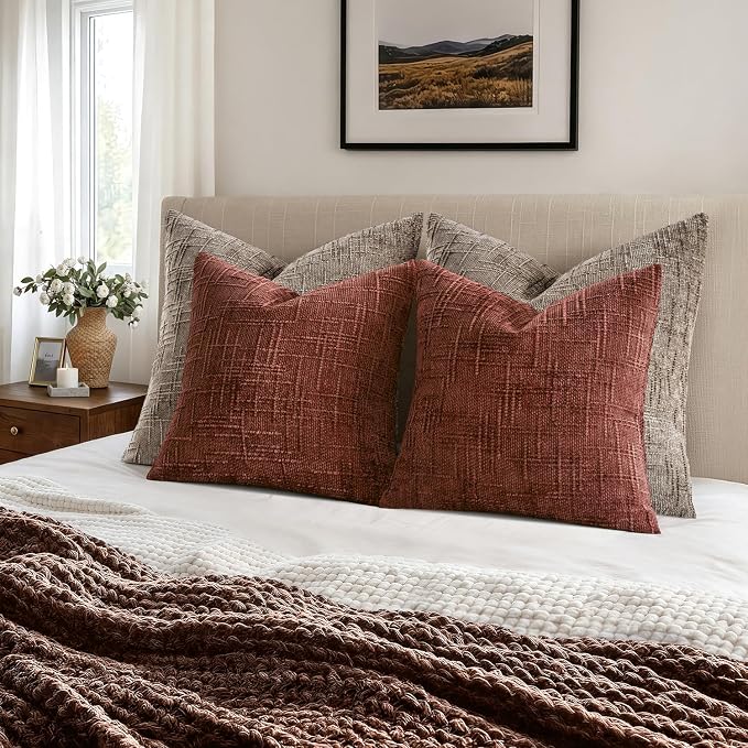 MIULEE Chenille Textured Fall Throw Pillow Covers Rust 20x20 Set of 2 | Slubby Decorative Pillows, Boho Farmhouse Rustic Home Decor, Modern Neutral Cushion Covers for Couch Sofa Bed Living Room