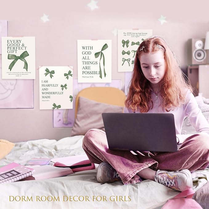 LARTSFRO Coquette Green Bow Wall Art Decor Posters, Olive Green Bow Christian Room Bedroom Bathroom Dorm Wall Art Decor Aesthetic for College Teen Girls Gifts, Inspirational Bible Verses Bow Wall Decor, 10x8 Inch Set of 4 Pcs Bow Pictures (UNFRAMED)