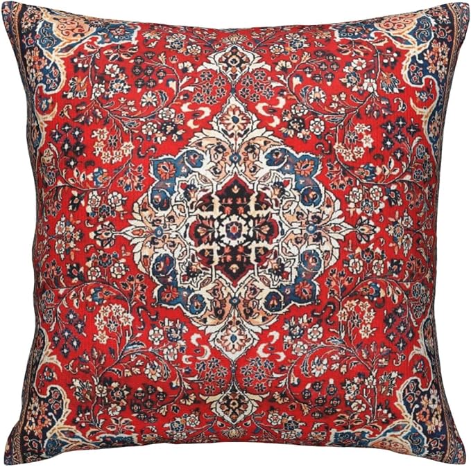 Red Blue Sarouk Persian Carpet Print Pillow Covers Decorative Square Throw Pillowcase 18x18 Inch Couch Cushion Cover for Home Decor Living Room Bedroom College Dorm Bed Car Sofa