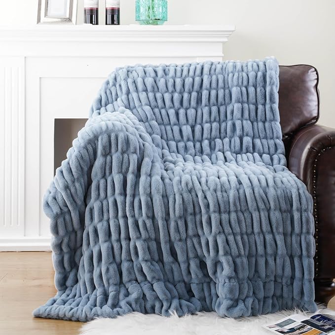 BATTILO Large Faux Fur Throw Blanket for Couch, 60"x80", Doube Side | Dusty Blue Throw Blanket, Super Soft Cozy Mink Warm Thick Faux Rabbit Fur Blanket For Bed, Sofa Living Room