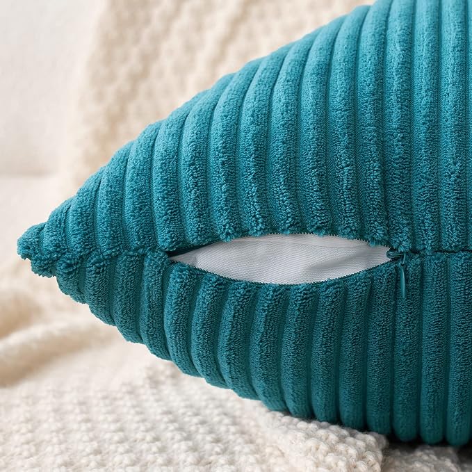 MIULEE Decorative Corduroy Throw Pillow Covers Set of 2 18x18 Teal | Soft Striped Textured Cushion Cases, Boho Coastal Square Pillowcases for Home Decor, for Couch Chair Sofa Bed Living Room