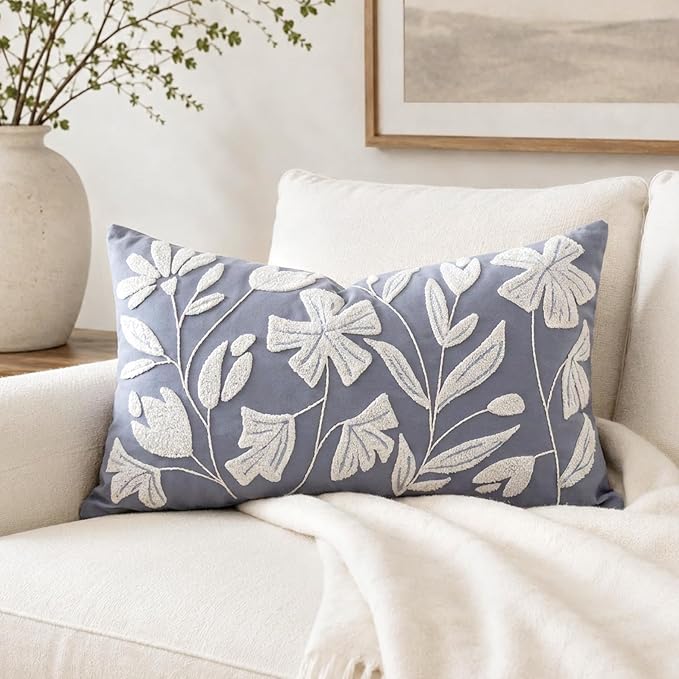 Decorative Lumbar Pillow Cover 12x20, Coastal Dusty Blue Accent Velvet Throw Pillowcase for Couch Sofa Living Room, Floral Tufted Rectangular Cushion, Cover Only