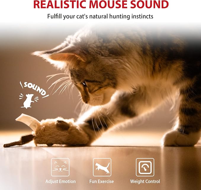 Gigwi Interactive Cat Toy Mouse, Moving Automatic Cat Toys Mice Electronic with Furry Tail, Automatic Squeaky Cat Toys for Kitten Indoor/Outdoor Exercise (Brown-Ear)