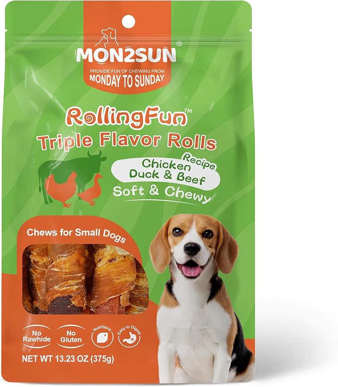 MON2SUN Dog Treats, 3 Inch Rawhide-Free Chicken, Duck & Beef Rolls,13.23 oz | Easy-To-Digest Texture, Suitable for Small Dogs, Daily Reward Use, Made with Real Meat