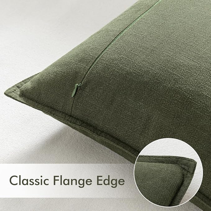 EMEMA Decorative Linen Throw Pillow Covers 20x20 Inch Dark Olive Green | Boho Farmhouse Neutral Couch Throw Pillows for Bed Pack of 2 Accent Pillowcase Modern Sofa Cushion Livingroom Home Decor