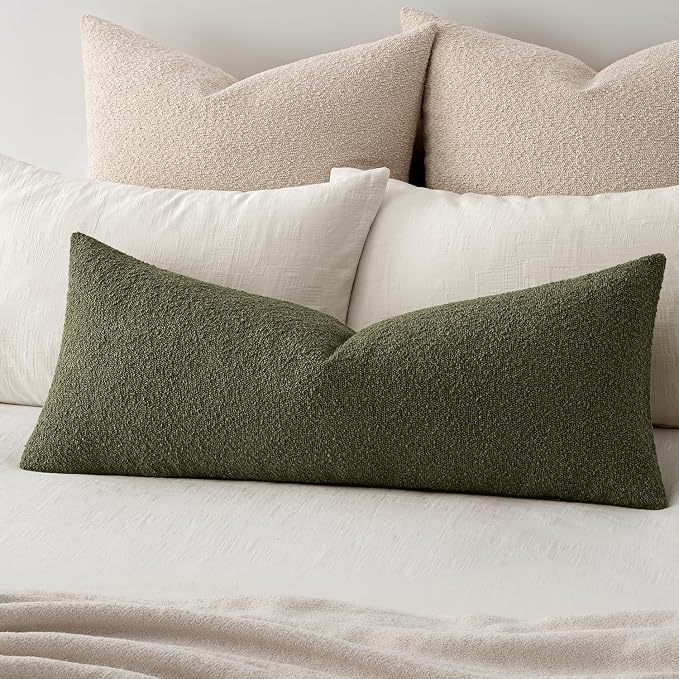 MIULEE Textured Boucle Lumbar Pillow Cover for Bed 14x36 Olive Green | Pack of 1 Textured Neutral Couch Throw Pillow Cover, Accent Solid Long Body Pillowcase, Sofa Living Room Home Decor