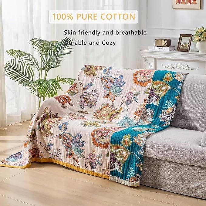 Boho Throw Blanket Farmhouse Decor Throw Blanket Bohemian Blanket for Bed 100% Cotton Muslin Woven Couch Blanket All Seasons Quilt Bedroom (B-Beige, 90"x98")
