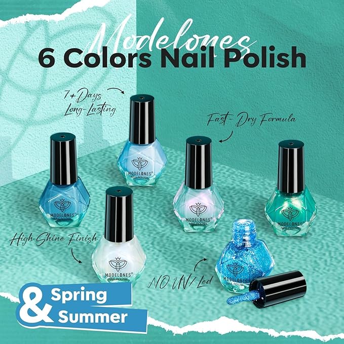 modelones Blue Nail Polish Set, 6 Colors Spring Summer White Green Glitter Pearl Mermaid Quick Dry Mini Starter Kit, Long Lasting Art DIY Manicure Set at Home for Women Girls