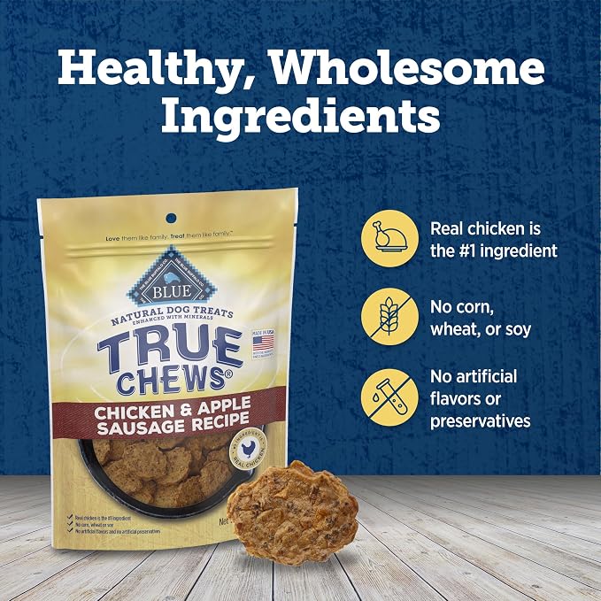 Blue Buffalo True Chews Dog Treats, Made in The USA with Natural Ingredients, Chicken and Apple Sausage Recipe, 12-oz Bag (Pack of 6)