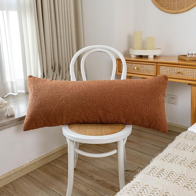 JoraLion 14x36 inch Boucle Lumbar Pillow Cover, Rust Woven Texture Neutral Long Pillow Cover Breathable Cushion Case for Couch Sofa Bed Living Room Home Decor (Cover Only)