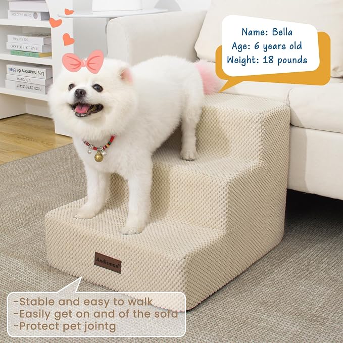 Aodisman Dog Stairs for Small Dogs & Cats,3-Step Pet Steps for Couch & Bed | High-Density Foam Dog Steps with Anti-Slip Bottom,Easy for Puppies,Older Cats & Dogs to Reach Sofas & Chairs,Beige,13.6" H