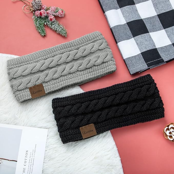 Loritta 2 Pack Headbands for Women Winter Warm Cable Knit Ear Warmer Thick Head Wrap Fuzzy Fleece Lined Gifts