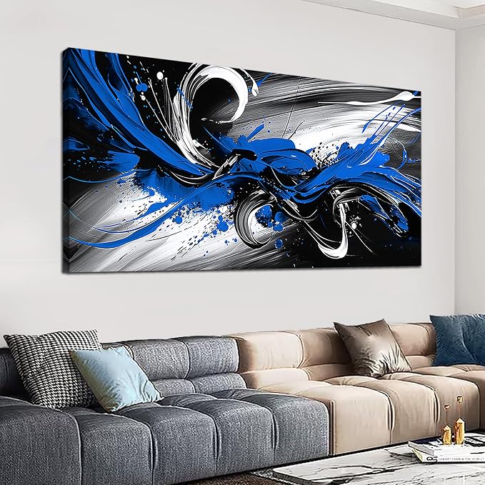 Black and White Blue Large Canvas Wall Art for Living Room Framed Print Picture Painting Bedroom Office Wall Decor Modern Room Abstract Wall Decorations Artwork Size 30x60 Ready to Hang