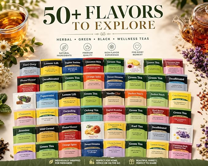 Generic Perfect Tea 48 Variety Pack Sampler Assorted Tea Bags | Black, Green, Decaf & Herbal Teas | Tea Gift Set, Office Breakroom