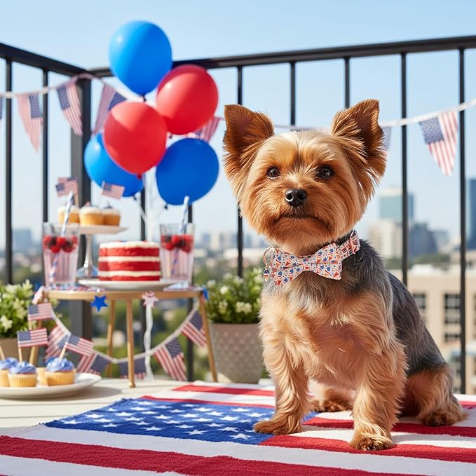ADOGGYGO Patriotic Dog Collar with Bow Tie, Detachable Ice Cream Print Bowtie, Adjustable 4th of July Collar for Extra Small Dogs (XS)
