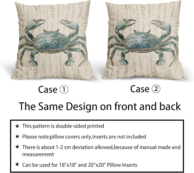 Summer Sea Crab Nautical Pillow Covers 20x20 Inch Set of 2 Coastal Ocean Coral Beach Blue Throw Pillow Cases Outdoor Linen Square Cushion Cover Farmhouse Decor for Bedroom Home Sofa Couch Bed
