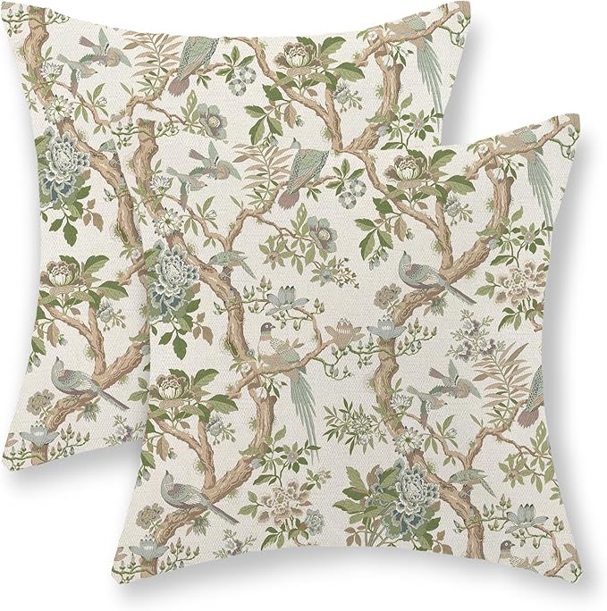 Green Floral Bird Pillow Covers 16x16 Set of 2 Chinoiserie Throw Pillows Green Vintage Flowers Bird Decorative Pillow Cases Outdoor Chinoiserie Decor Farmhouse Cushion Case for Couch Sofa