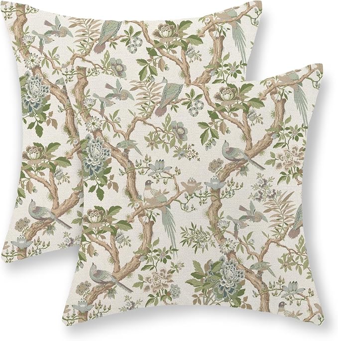 Green Floral Bird Pillow Covers 24x24 Set of 2 Chinoiserie Throw Pillows Green Vintage Flowers Bird Decorative Pillow Cases Outdoor Chinoiserie Decor Farmhouse Cushion Case for Couch Sofa