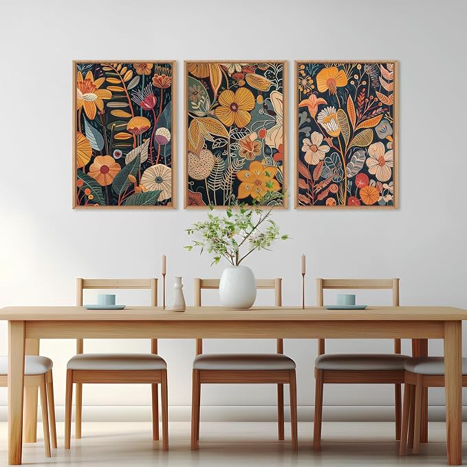 FWIEXA Burnt Orange Floral Framed Wall Art Set of 3, Large Mid Century Modern Flower Canvas Wall Prints, Boho Botanical Wall Decor, 24x36 Inches Neutral Plant Painting for Living Room, Bedroom, Office