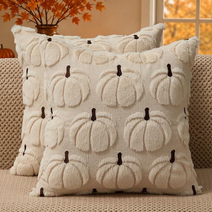 DFXSZ Fall Pillow Covers 18x18 2Pcs Beige Brown Pumpkin Fall Decorations | Fall decor Set of 2 Throw Pillow Cases Soft Plush Faux Fur Wool Couch Cushion for Chair Sofa Bedroom Living Room Home Decor