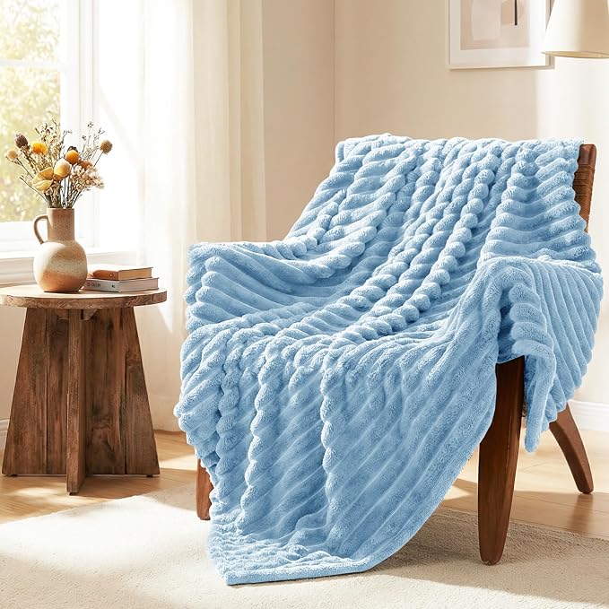 HIMEET Light Blue Throw Blanket for Couch, 300GSM Ribbed, 50 x 60 Inches | Ultra Soft Flannel, All-Season Lightweight Warmth, Home Room Decor & Dorm Essential, Gift for Men & Women, Machine Washable