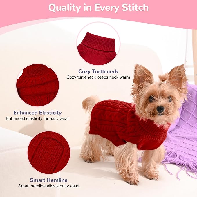 Dog Sweater 2 Pack for Small Dogs, Size S, Pink & Red | Stretchy cable knit turtleneck, machine washable, high belly cut, comfy winter fit for Chihuahua, Maltese