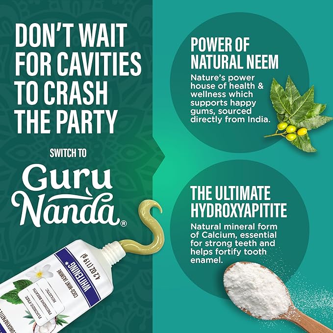 GuruNanda Hydroxyapatite Toothpaste, SLS & Fluoride Free, Whitening Toothpaste with Tongue Scraper & Squeezer - Freshens Breath, Fights Plaque - Natural CocoMint Jasmine Neem, 4.2oz