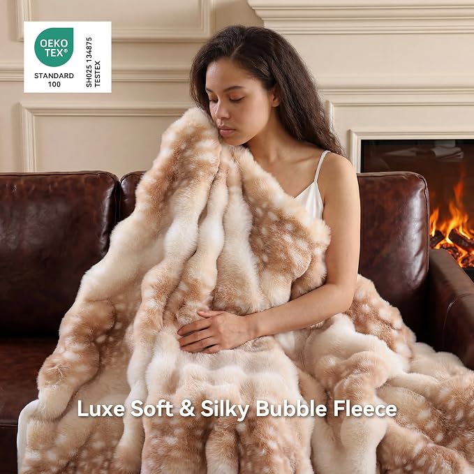 Faux Rabbit Fur Throw for Couch - Deer Brown Bubble Blanket 50"x60" | Fluffy Plush Fuzzy Fawn Throw for Sofa & Bed, Super Soft Cozy Comfrt Blanket,Luxury Aesthetic Deer Print Decor Gift for Women
