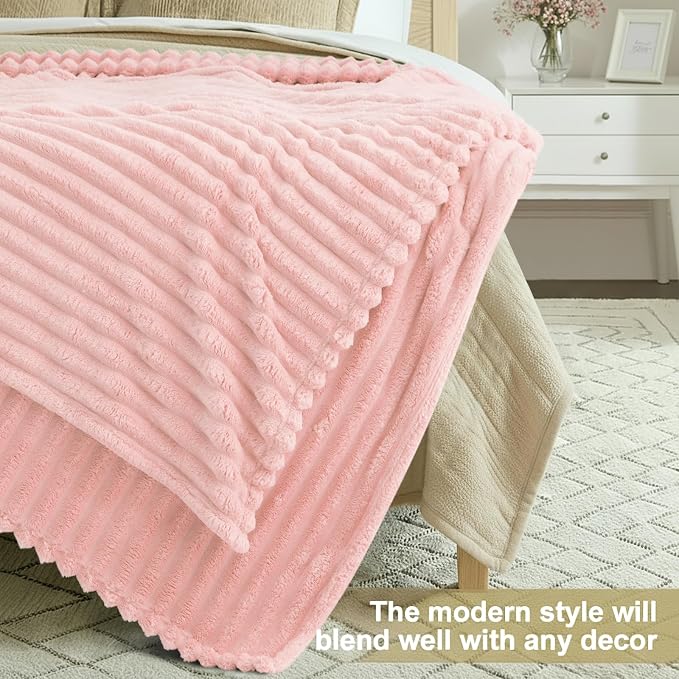 decorUhome Pink Fleece Twin Blanket 60x80 Inches | Soft Couch Cozy Fluffy Plush Flannel Striped Blanket for Sofa Bed, Lightweight Decorative Ribbed Fuzzy Blanket for Woman