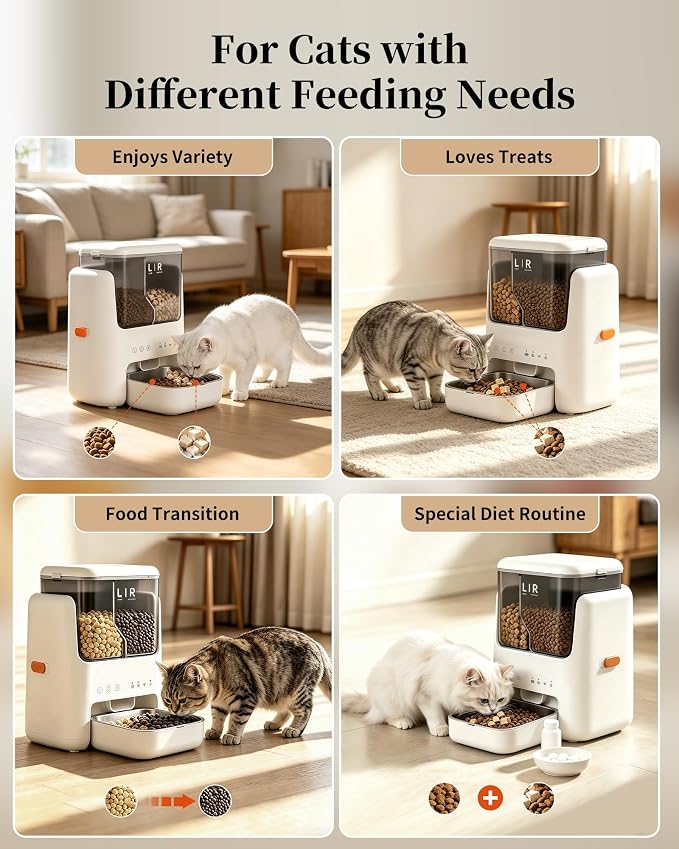 Automatic Cat Feeder, Dual Hopper for Meals & Treats, App Control | Two dry food choices, app feeding plans, 5L capacity, removable bowl, and backup power option for indoor feeding.