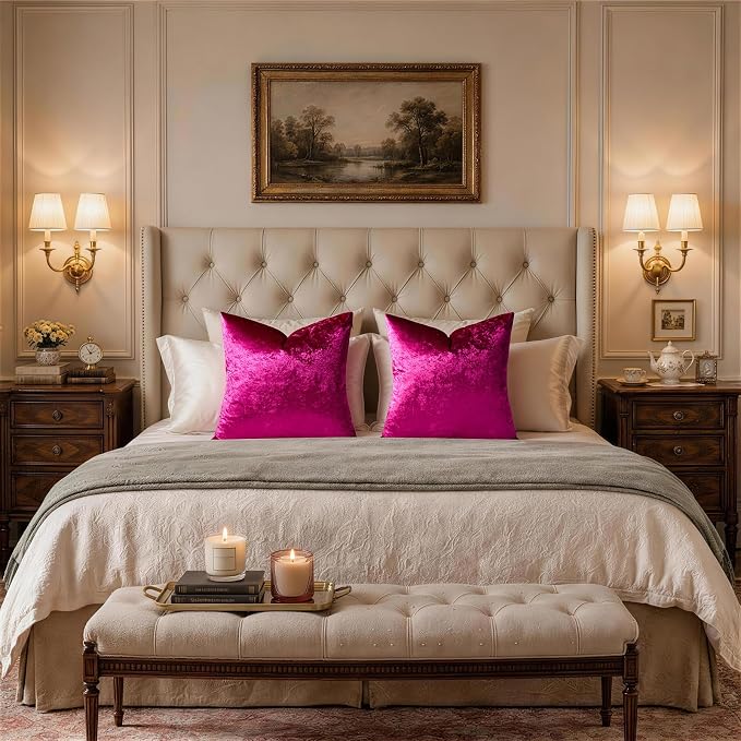GIGIZAZA Crushed Hot Pink Velvet Throw Pillow Covers 20x20 Pack of 2 | Decorative Pillows for Couch Sofa,280gsm Soft Textured Fabric,Modern Square Pillowcases,Luxury Cushion Covers