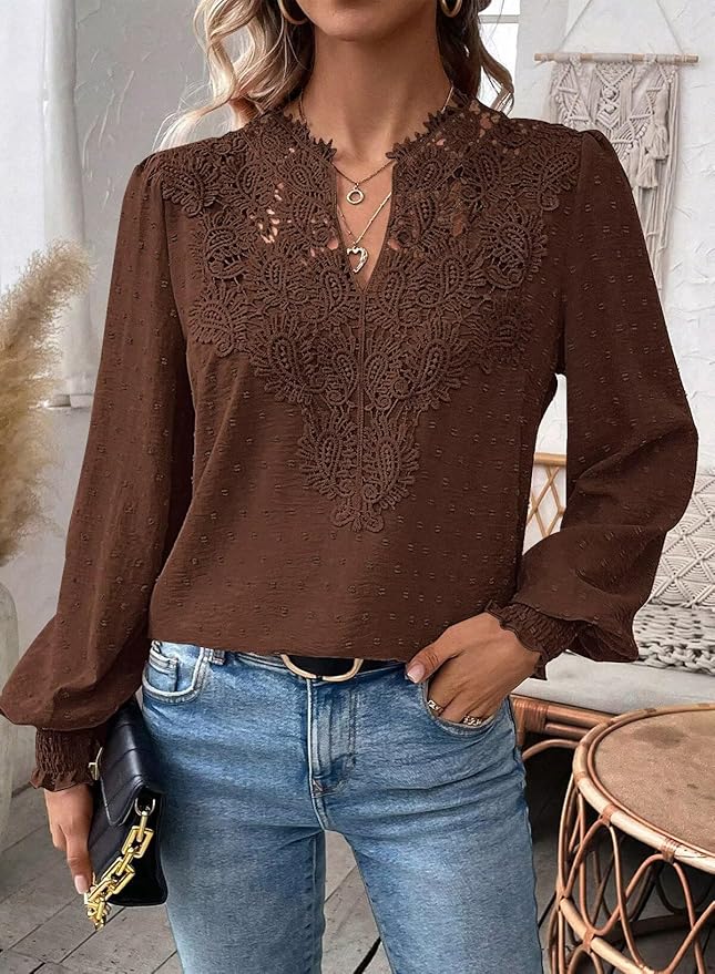 Womens Tops Swiss Dot Boho Long Sleeve Shirts V Neck Casual Chiffon Blouses Flowy Lace Hem Cute Clothing Trendy 2026