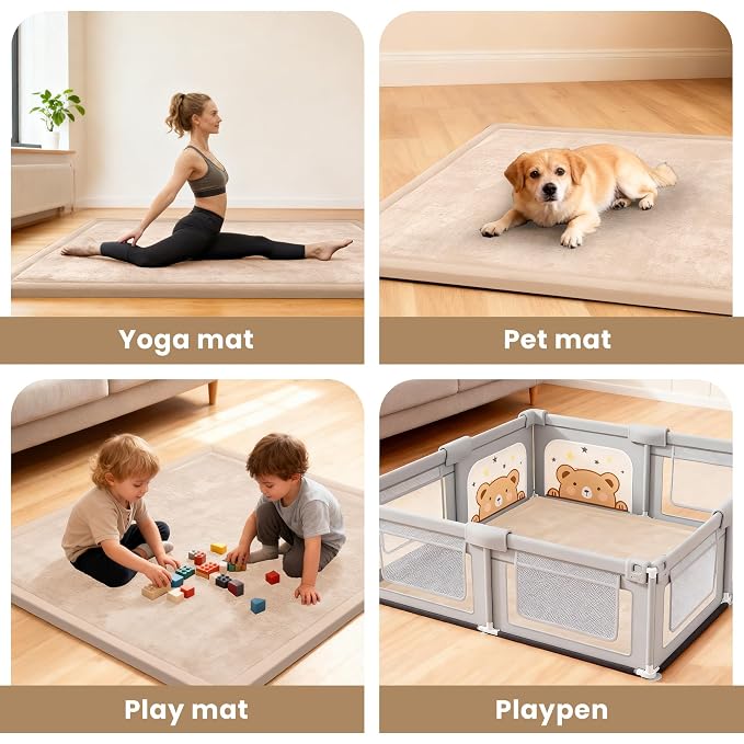 ACOMOPACK Baby Play Mat for Floor 1.3" Thick Memory Foam Play Mat 79"×118" Tummy Time Crawling with Non-slip Bottom for Living Room,Nursery,Soft Velvet Playpen Mats for Kids,Infants（Beige）