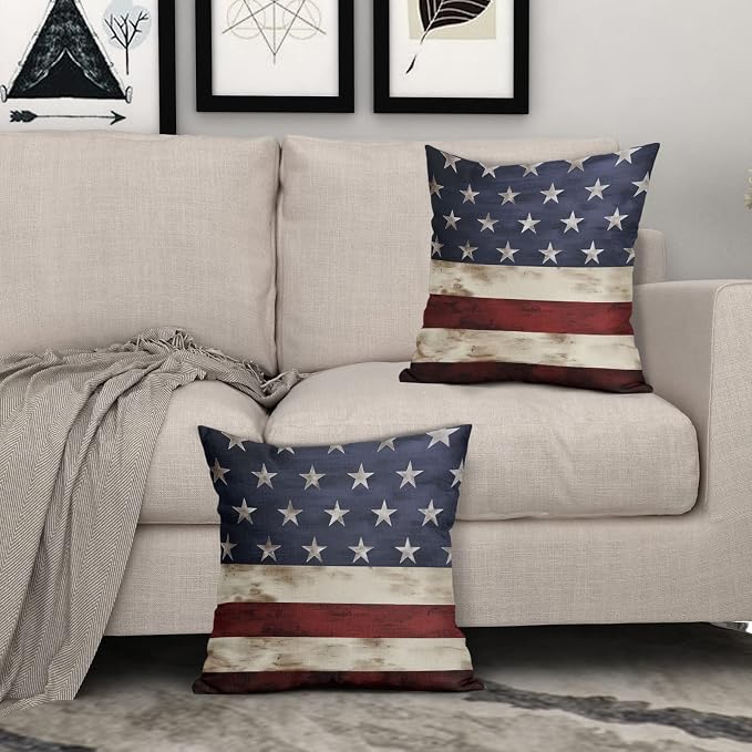 Independence Day American Flag Throw Pillow Covers Set of 2 20X20 Inches 4th of July Blue Red Pillow Cases Patriotic Stripes Star Pillow Cover Home Decor For Memorial Day Room Bed Porch Couch Outdoor