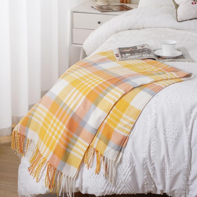 Yellow Plaid Throw Blanket for Couch, Spring Summer Throw Blankets 50"x60" | Lightweight Farmhouse Blanket, Soft Cozy Woven Throw with Tassels, Buffalo Plaid Blanket for Bed, Sofa, Home Decor