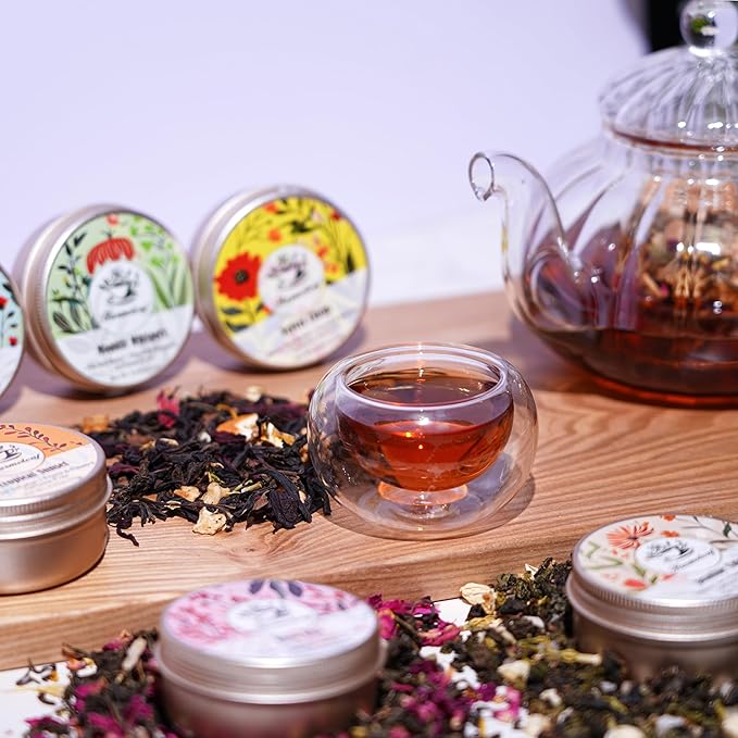 Tea Gift Set for Women - 6 Herbal Loose Leaf Tea Blends, Insulated Ceramic Cup with Infuser & Lid | Birthday, Mother's Day, Anniversary & Retirement Gift for Her
