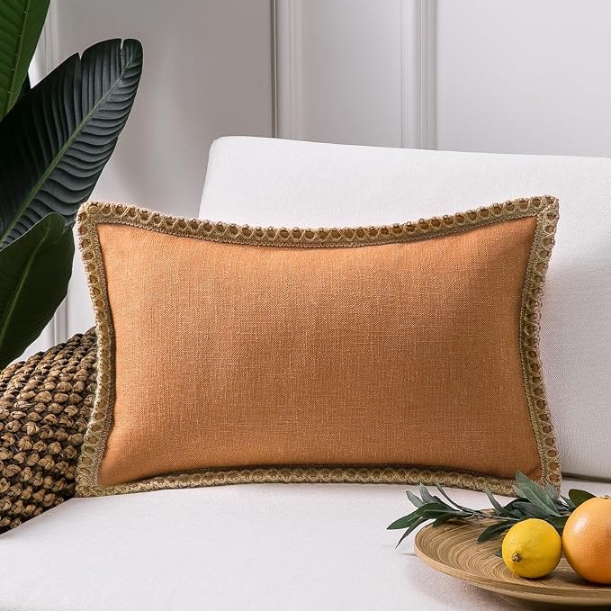 Phantoscope Farmhouse Lumbar Pillow Cover 12x20, Outdoor Burlap Decorative Cushion Case with Jute Trim for Couch, Patio, Bedroom, Orange