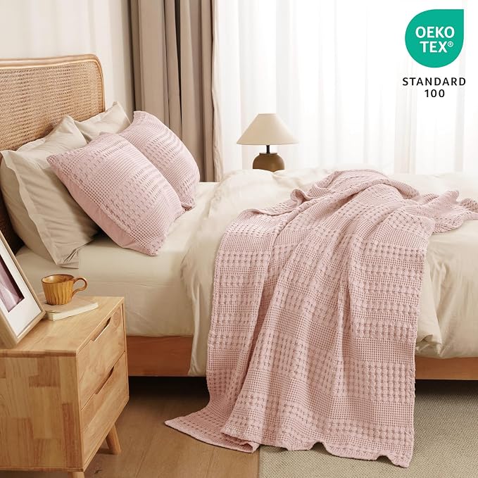 PHF 100% Cotton Waffle Weave Throw Blanket, Lightweight Breathable Summer Blanket for Couch Sofa, Pre-Washed Soft Throws for Bed, Office, Travel & Stylish Home Decor, 50"x60", Pink/Mauve